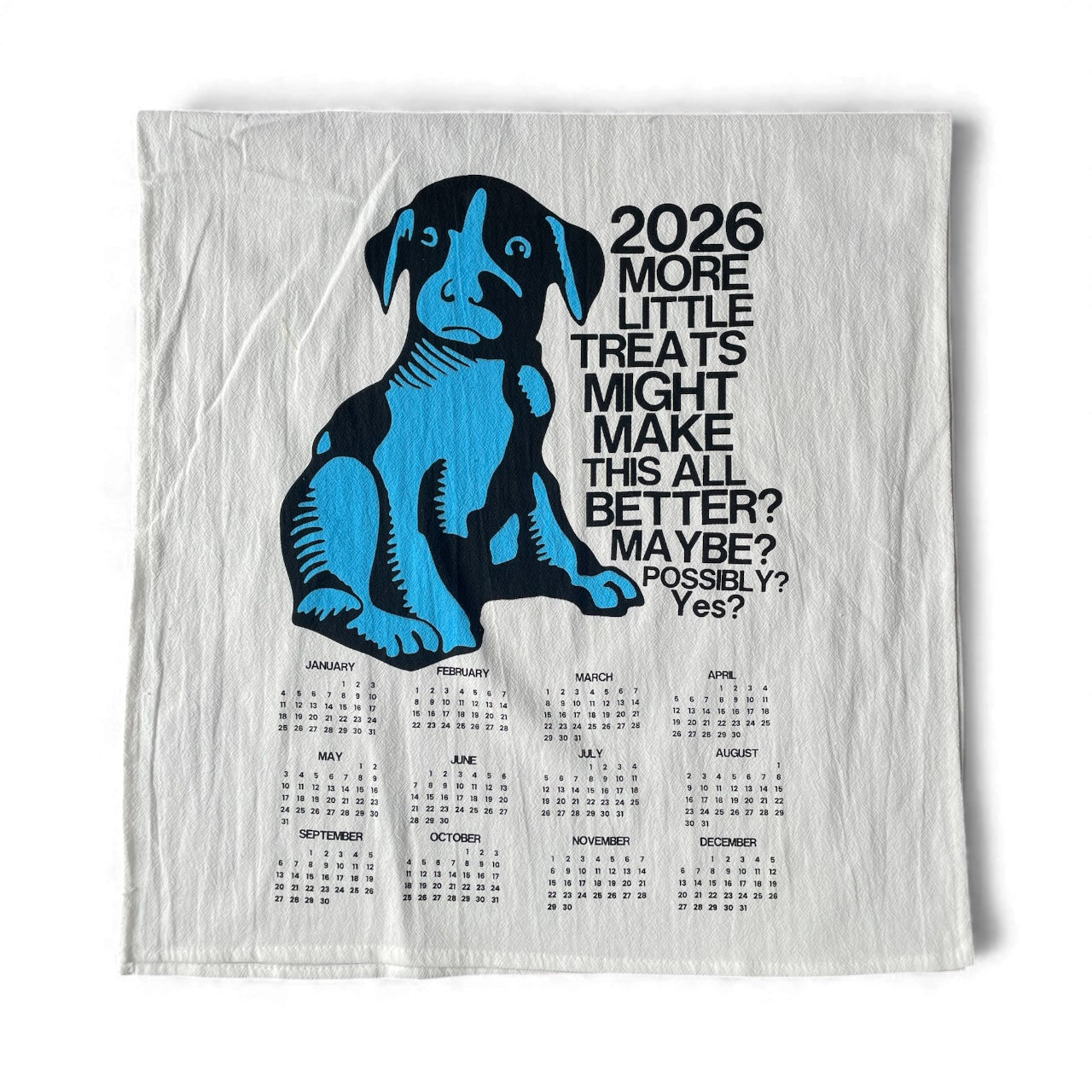 Calendar with a blue dog illustration and text on a white background